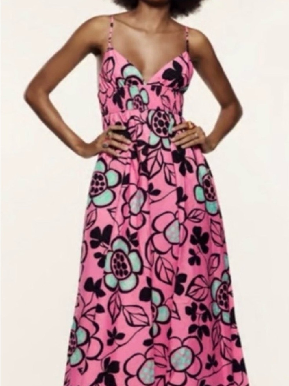 Zara Pink Floral Spaghetti-Strap Maxi Dress with Mint Accents